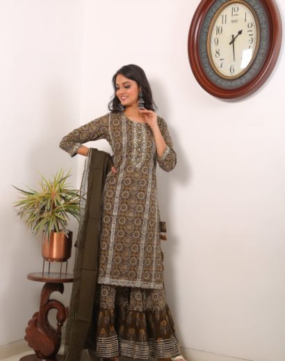 Bagru Printed Cotton Sharara Suit