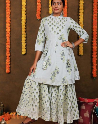 Green Block Print White Peplum Sharara Suit