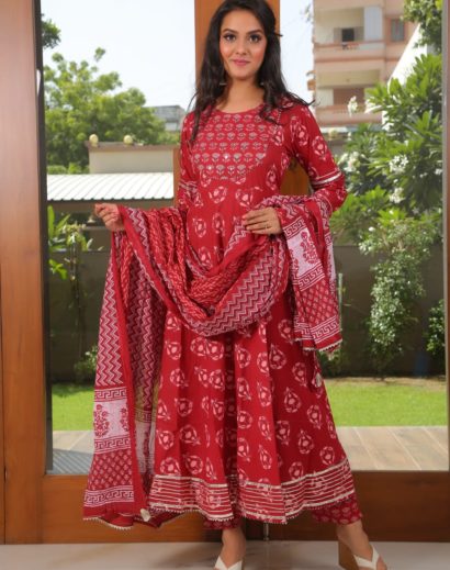 Red Cotton Anarkali Suit