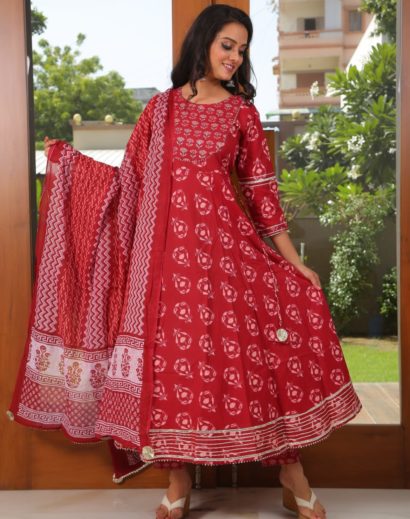 Red Cotton Anarkali Suit