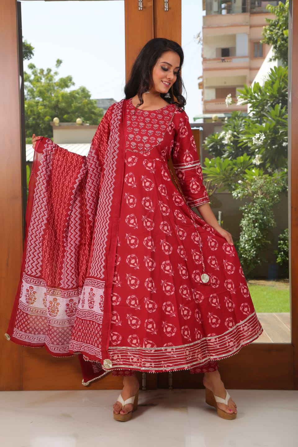 Printed Cotton Anarkali Suit in Old Rose : KMM133