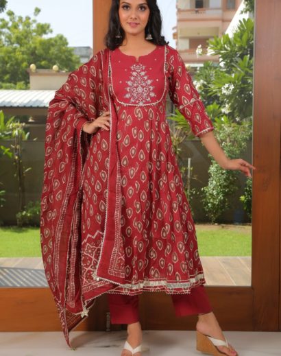 Maroon Cotton Anarkali Suit Block Print Design