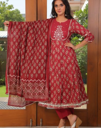 Maroon Cotton Anarkali Suit Block Print Design