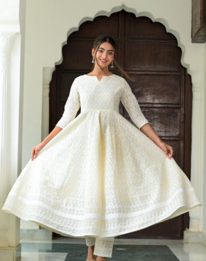 Chikankari White Anarkali Suit