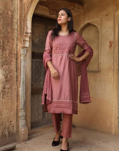 Muslin Silk Kurta Pant Suit in Chickoo Color