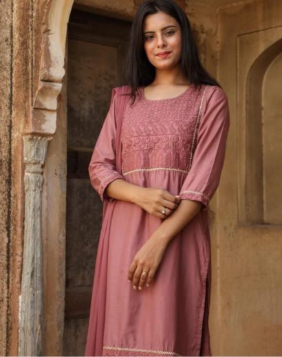 Muslin Silk Kurta Pant Suit in Chickoo Color