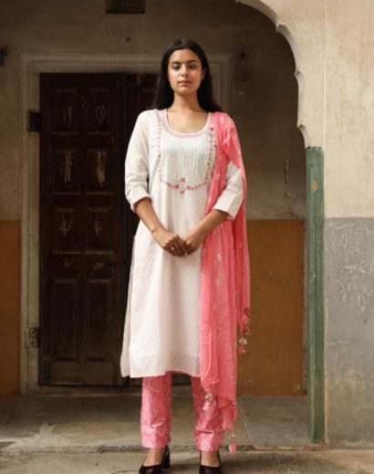 White Cotton Kurta Pant Suit