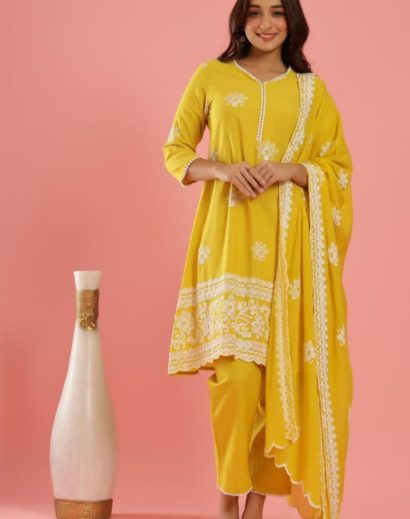 Mustard Lakhnavi work Kurta Suit