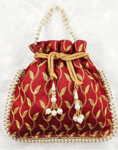 Red & Gold-Toned Embroidered Potli Bag