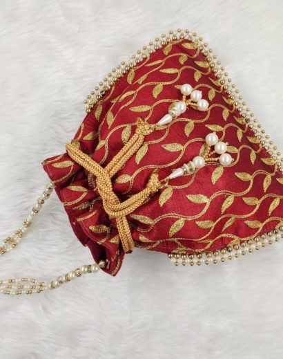 Red & Gold-Toned Embroidered Potli Bag