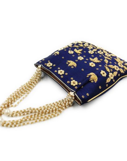 Blue Silk Fabric Potli Bag with Zardosi Work