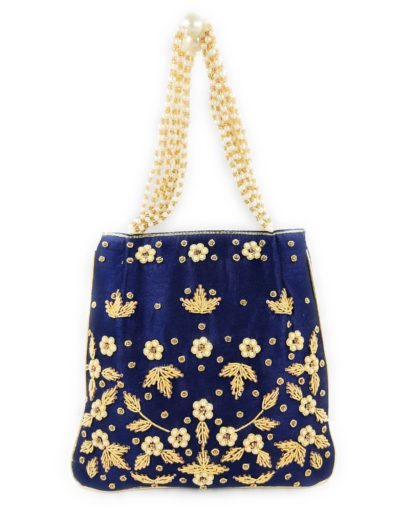 Blue Silk Fabric Potli Bag with Zardosi Work